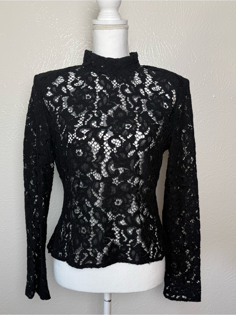 Zara Black Floral Lace High Neck Long Sleeve Sheer Top Large